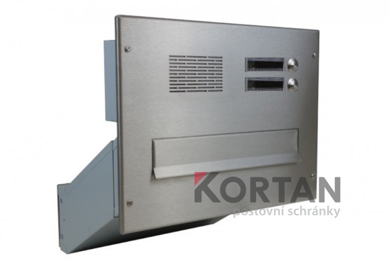 1x poštovní schránka D-041 šikmá k zazdění do sloupku + čelní deska s 2x zvonkem a HM ABB - NEREZ | eshop.KORTAN.cz